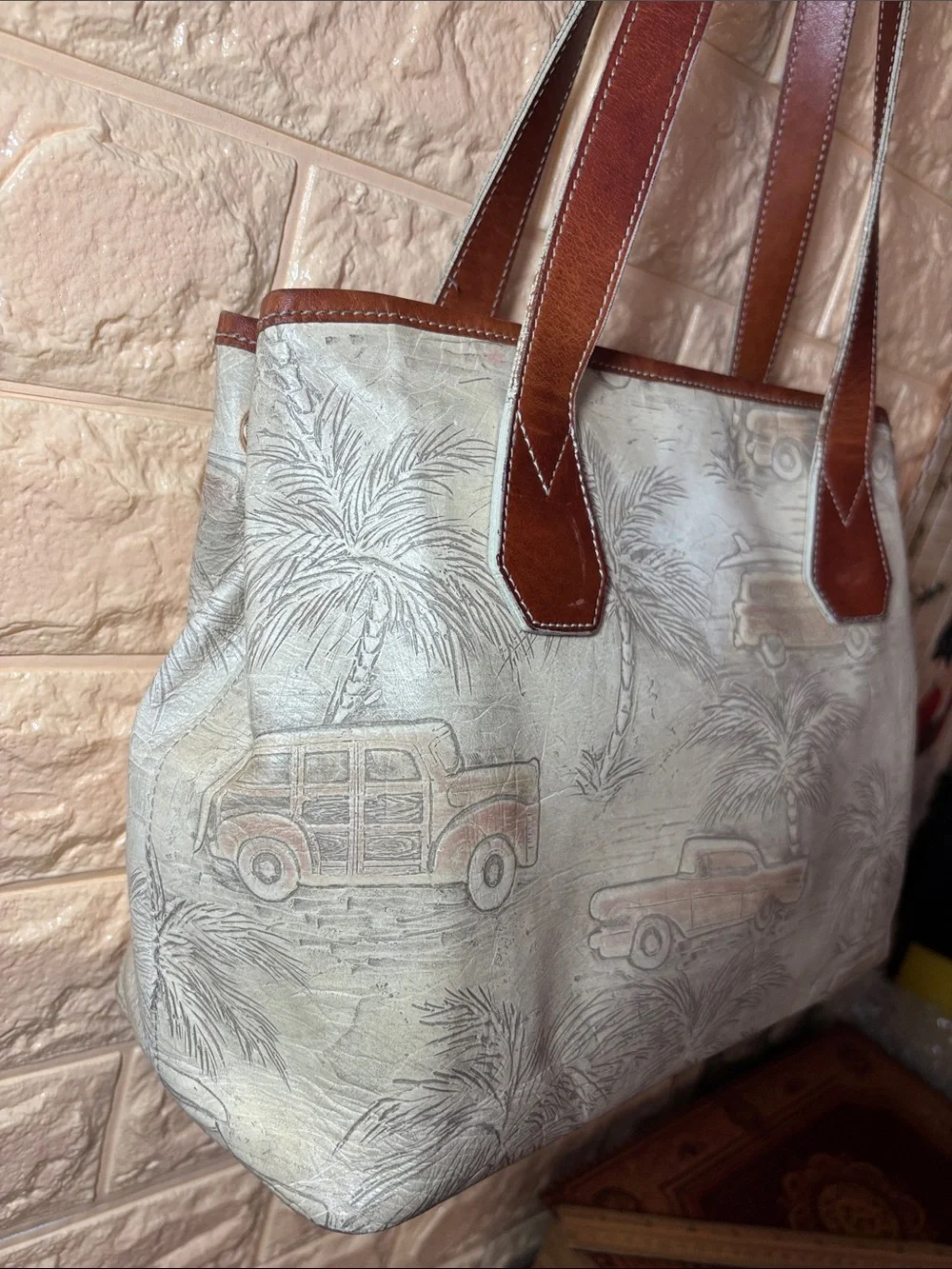 Brahmin Leather-Trim Beige & Brown Tote Bag w Copa Cabana Woody Car Palm Trees